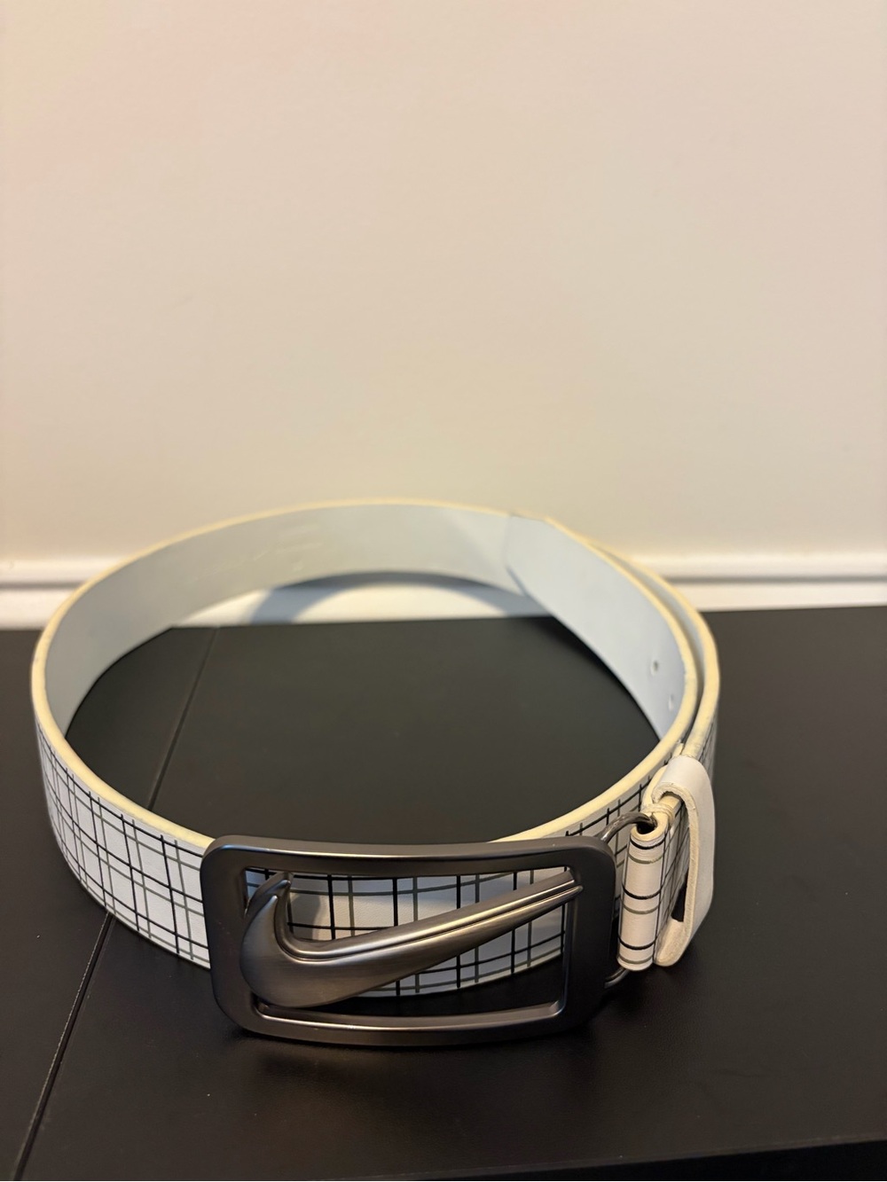 Nike White Plaid Belt with Silver Swoosh Buckle